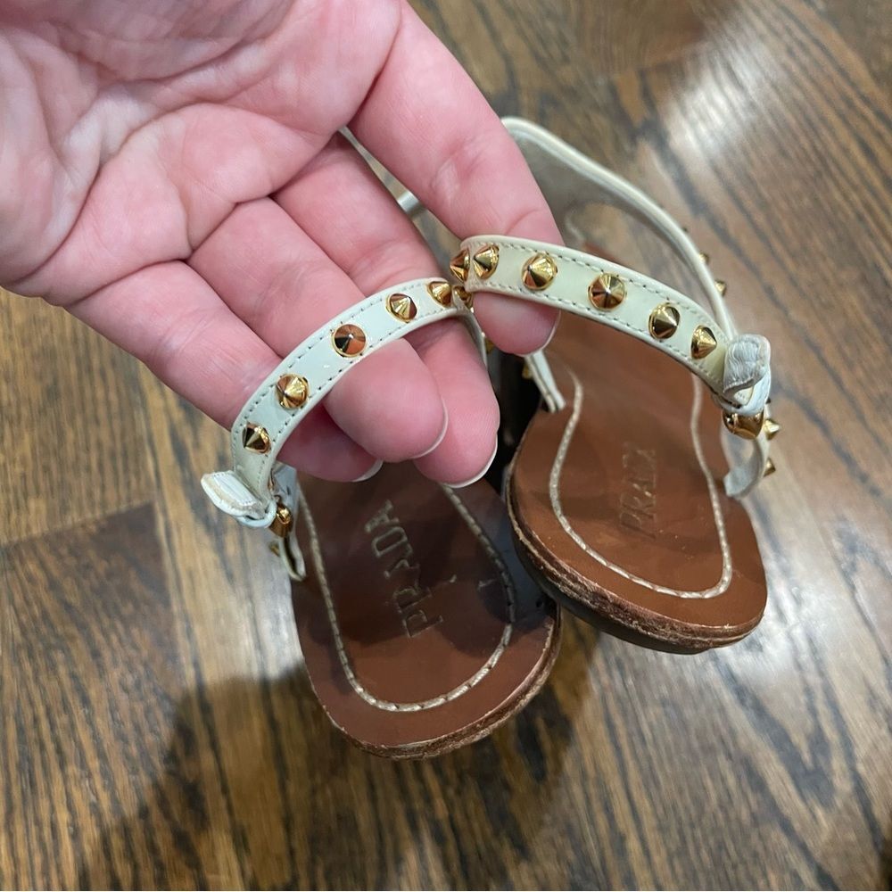 PRADA White Patent Leather Gold Studded Sandals - Picture 7 of 14
